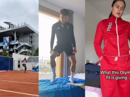 Screenshots of Olympic athletes filming TikTok content in the Olympic village.