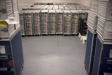 Airplane food trolleys loaded with meal trays at Paris' Roissy - Charles de Gaulle airport