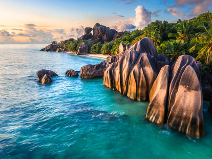 Aerial view of Anse Source d' Argent beach at sunset, La Digue Island, Seychelles