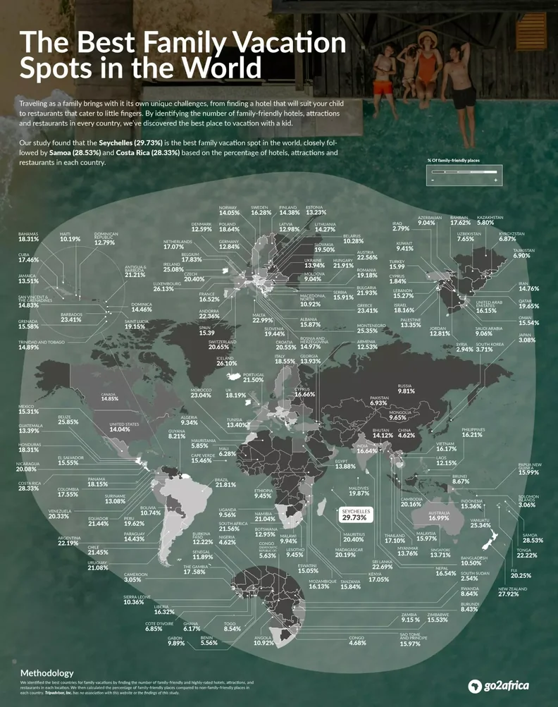 A map showing the most child-friendly countries for vacation in the world.