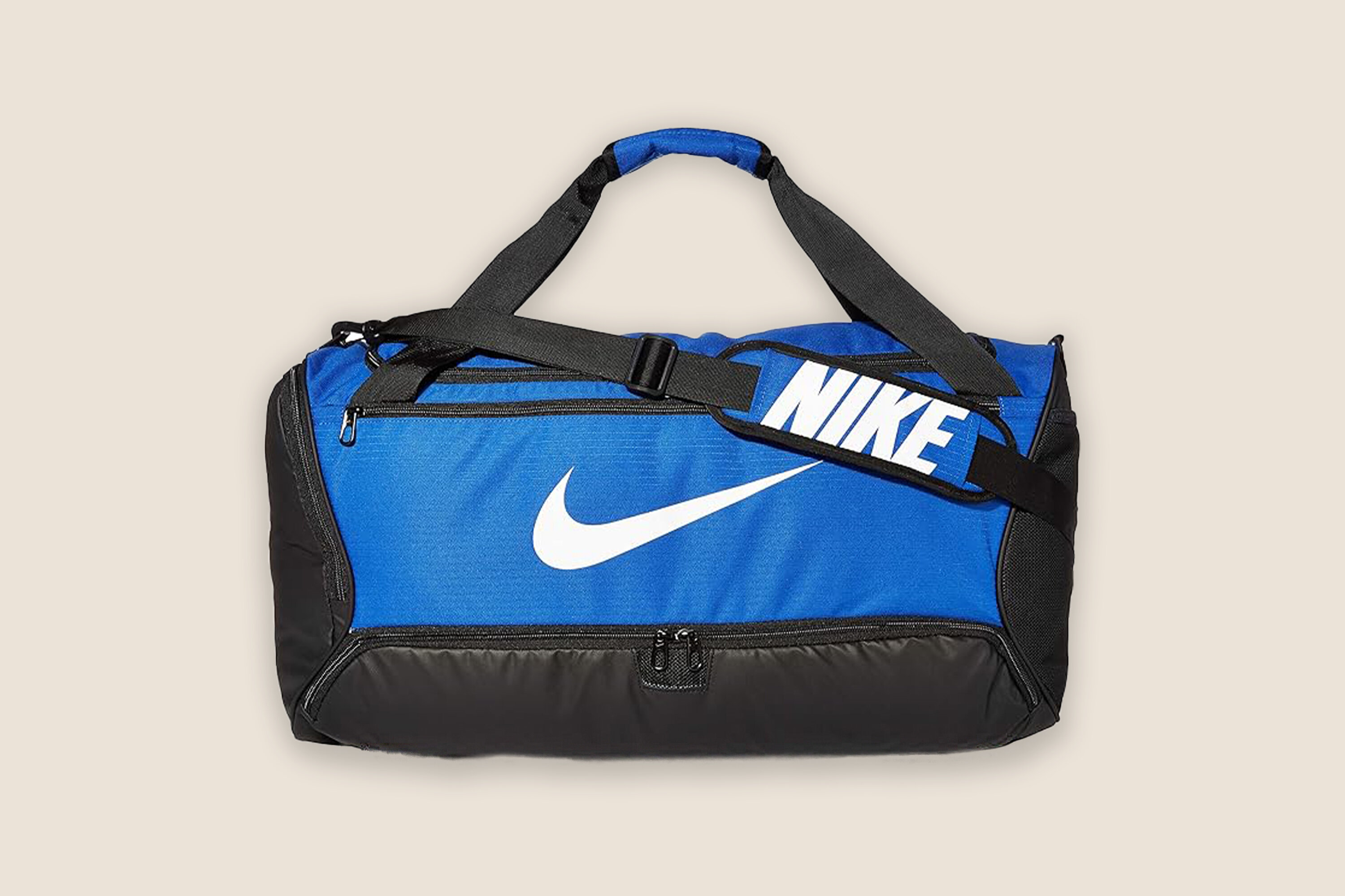A photo of a blue Nike duffle bag.