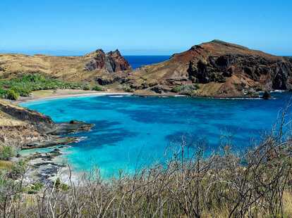 Hakanahinui also known as “Bay of sharks” between Hakahetau and Hakahau on the west coast of island of Ua Pou on June 14, 2024, in Ua Pou island, Marquesas Islands, French Polynesia