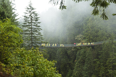 A string of tourists high up on Capilano Suspension Bridge and Park, Vancouver, British Columbia, Canada