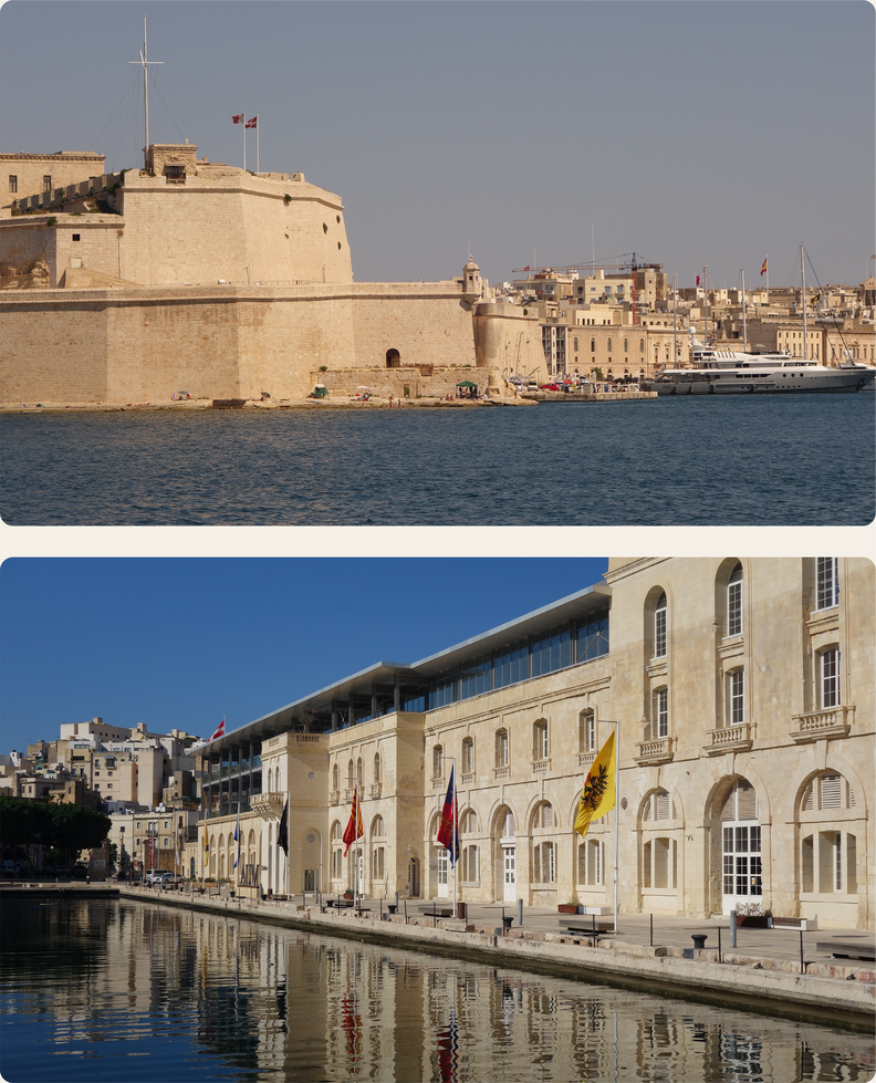 Fort Saint Angelo from Valletta ferry landing and Cospicua waterway