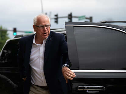 Minnesota Governor Tim Walz arrives to speak at a press conference regarding new gun legislation at City Hall on August 1, 2024 in Bloomington, Minnesota.