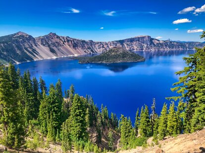 crater lake national park in oregon view of blue water and wizard island