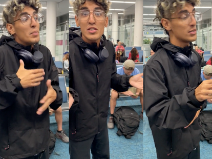 A series of screenshots from a viral TikTok of a man talking about being held at the Nassau airport for 14 hours.