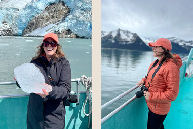 The author holding an iceberg chunk and on the ferry to Fox Island.