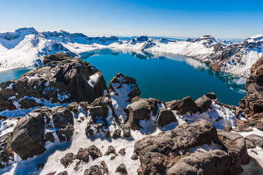 glacial Heaven lake summit of Changbai Mountain, sprinkled with snow