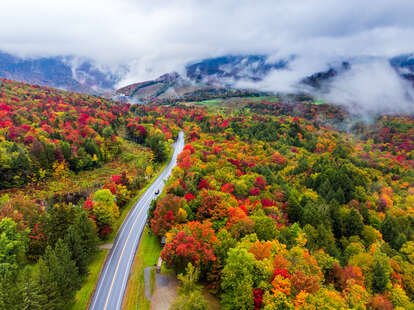 Aerial view of road amidst trees during autumn,Vermont,United States,USA.