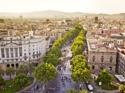 An aerial view of Las Ramblas in Barcelona, Spain.