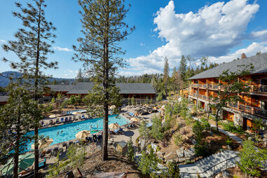 hotel pool deck in yosemite national park
