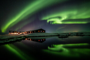 northern lights over hotel ranga in southern iceland