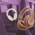 A collage of headphones on a purple backdrop. 