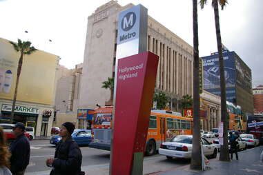 Metro sign at hollywood and highland intersection in los angeles