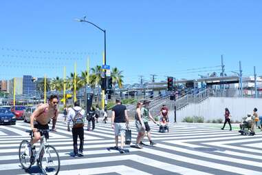 crowded intersection at downtown santa monica metro station