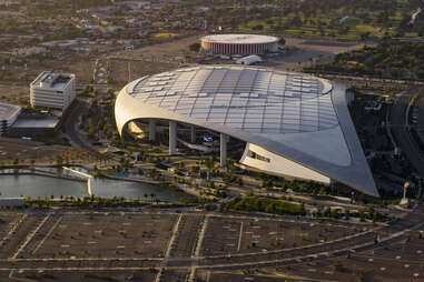 sofi stadium with huge parking lots seen from above