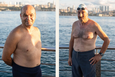 swimmers pose for portraits in front of the bosphorus strait