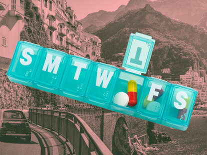 A collage of a pill organizer over a backdrop of the Italian countryside.