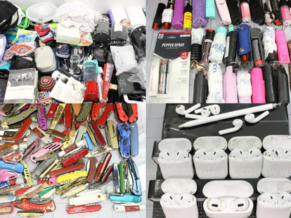 A collage of items like knives, Airpods, and pepper spray, in bulk.