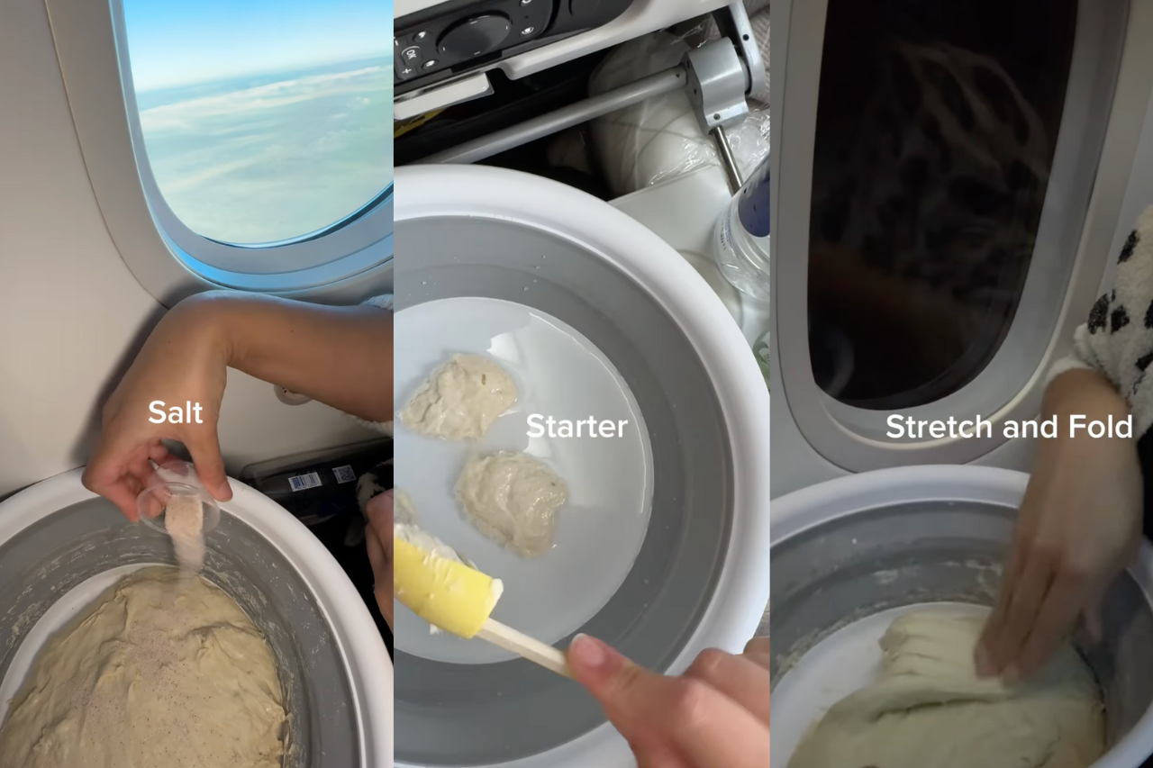 Three screen shots of a woman making sourdough bread dough on an airplane.
