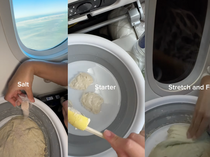 Three screen shots of a woman making sourdough bread dough on an airplane.