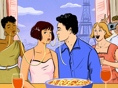 illustration of couple eating spaghetti with friends