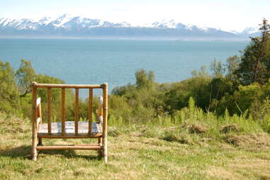 chair in front of the bay in Kachemak Bay, Alaska