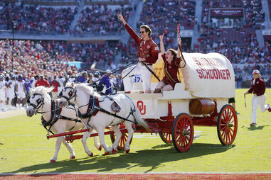 The Sooner Schooner rounds the field after a touchdown by the Oklahoma Sooners against the TCU Horned Frogs in the second quarter at Gaylord Family Oklahoma Memorial Stadium on November 24, 2023 in Norman, Oklahoma