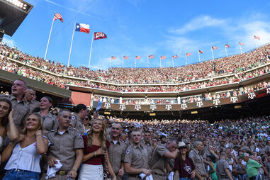 Texas A&M Aggies fans cheer during the game against the Notre Dame Fighting Irish the second quarter at Kyle Field on August 31, 2024 in College Station, Texas.