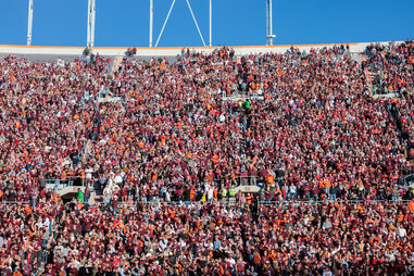Virginia Tech Hokies fans cheer prior to a college football game between the Virginia Tech Hokies and the NC State Wolfpack at Lane Stadium on November 18, 2023 in Blacksburg, Virginia