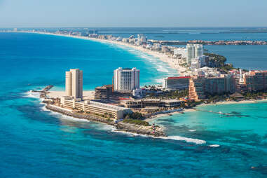 An aerial view of the hotel zone in Cancun, Quintana Roo