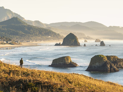 High angle view of a man looking at Cannon Beach and Haystack Rock from Ecola State Park, Cannon Beach, Clatsop county, Oregon, USA.