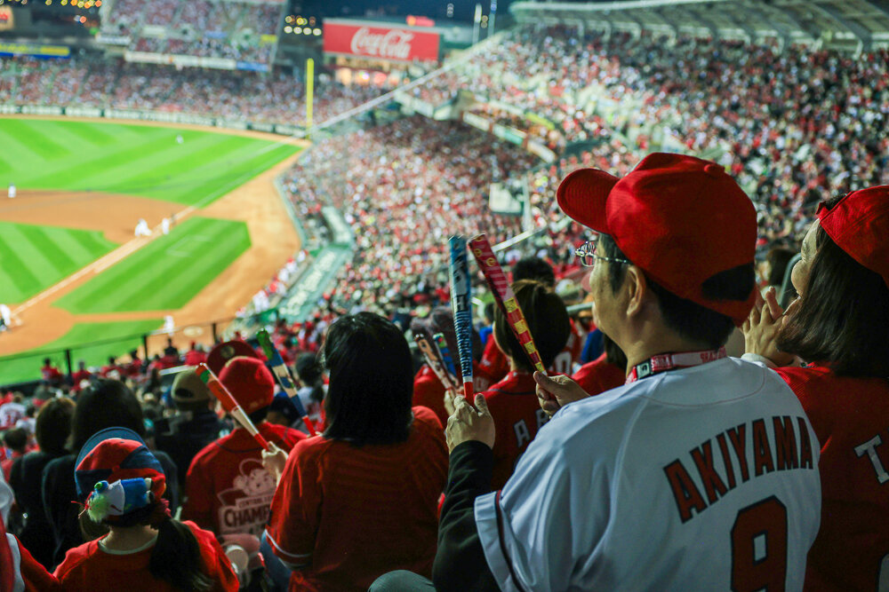 japanese man enjoying baseball game in a jersey and hat