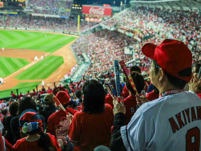 japanese man enjoying baseball game in a jersey and hat