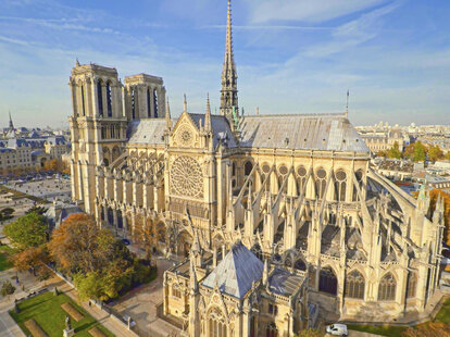 Aerial view of Notre Dame Cathedral in Paris, France