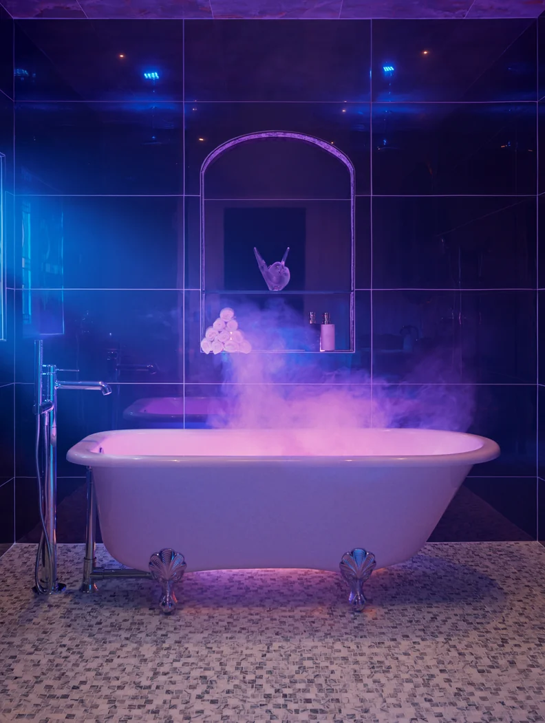 A clawfoot bathtub with steam rising from the tub and purple light.