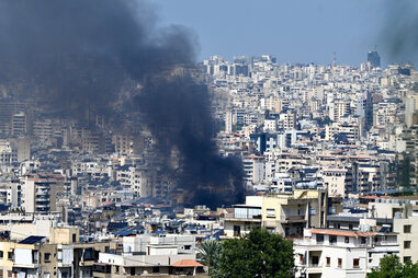 Smoke rises from the impact sites following the Israeli army’s attack on Dahiye neighborhood in Beirut, southern Lebanon on October 03, 2024.