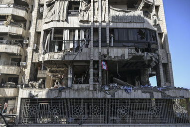 A view of the destruction of the building and surrounding structures after Israeli warplanes hit a building in Bachoura area of Beirut, Lebanon on October 03, 2024. At least nine people were killed and 14 others injured in an Israeli airstrike.