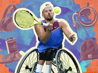 A collage showing gold medal Wheelchair tennis champion Dylan Alcott.