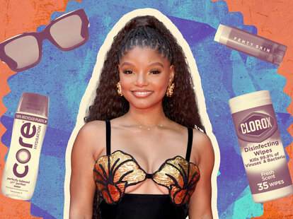 singer Halle Bailey surrounded by her favorite travel items: a water bottle, sunglasses, lip balm and Clorox cleaning wipes