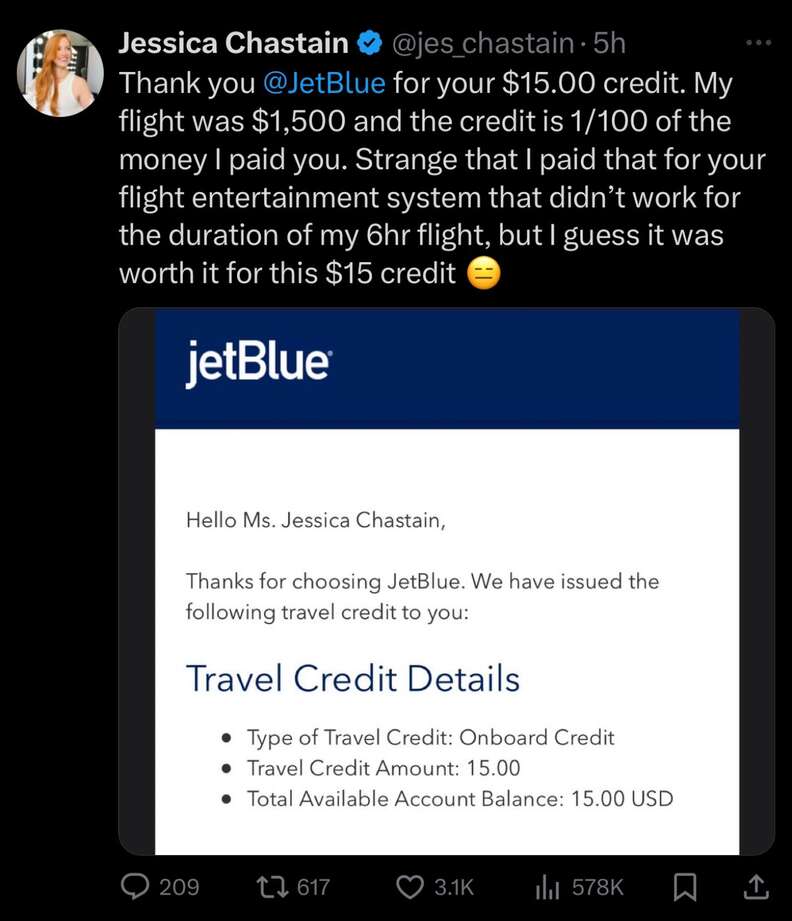 A screen shot showing Jessica Chastain&rsquo;s tweet to Jetblue.