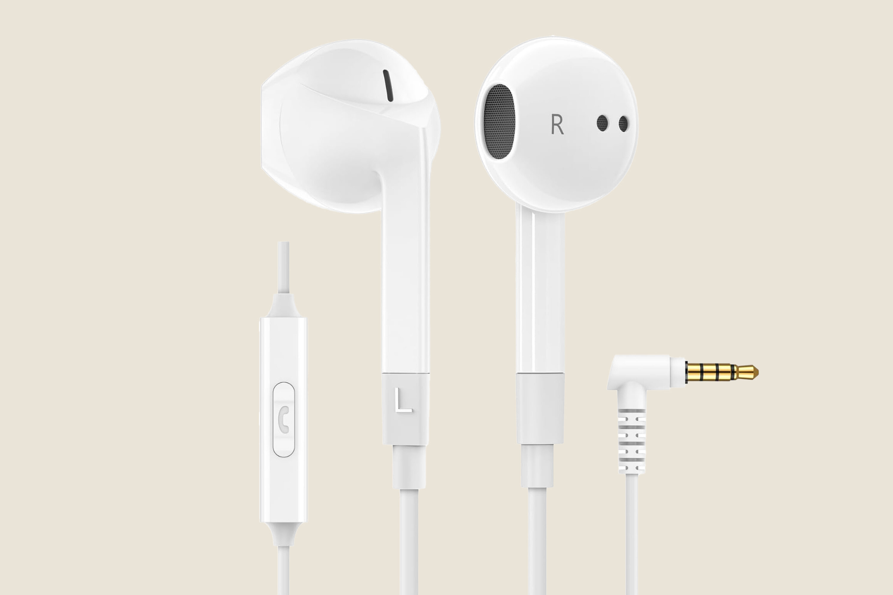 Wired headphones that are white.