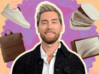 A collage featuring Lance Bass, and four of his travel essentials.