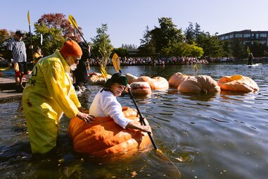 World record holder Gary Kristensen in a pumpkin boat