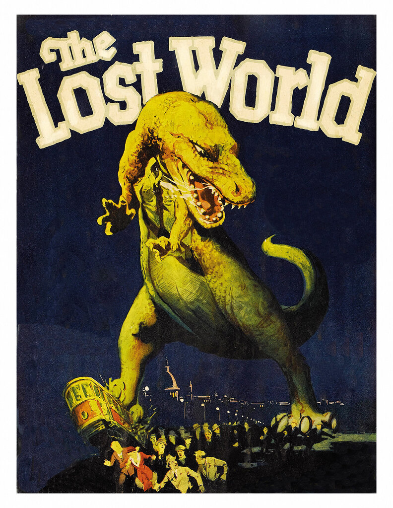 Dinosaur attacks a modern city on a poster that advertises the movie ‘The Lost World,'
