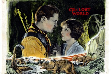 an illustration of a man and a woman looking into each other’s eyes, with dinosaurs