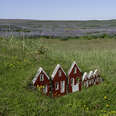 tiny red houses in the grass iceland