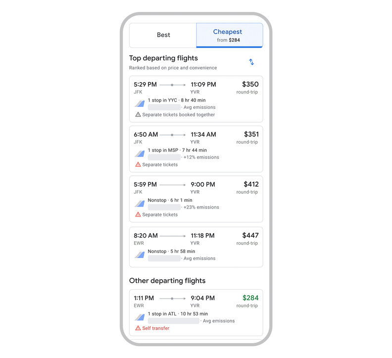 A graphic showing the new “cheapest” tab on Google Flights mobile browser.