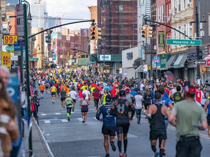 Marathoners running through Greenpoint, Brooklyn